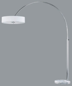 Weiße Mid Century Bogenlampe mit grauem Hintergrund